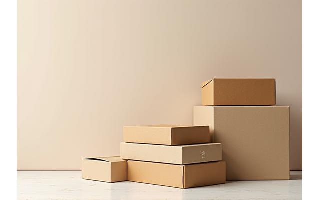 Neatly stacked, minimalist eco-friendly product packaging with a 'recycled' symbol, on a natural wooden surface.