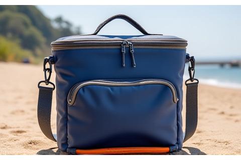 A stylish, insulated cooler bag designed for the beach, made from durable, recycled fabric, with a vibrant but earthy color palette.