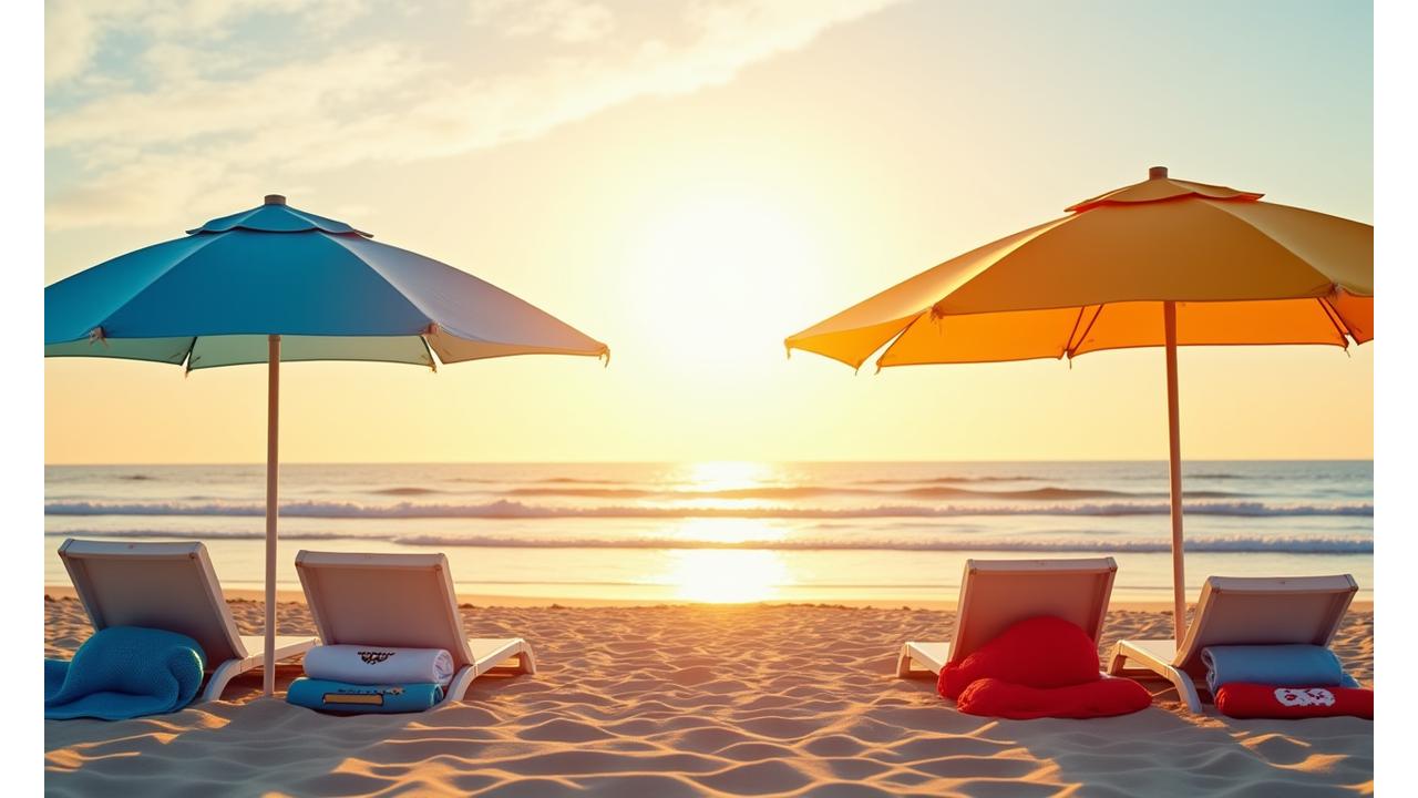 Golden hour at a pristine beach with an array of colorful beach umbrellas, quick-dry towels, and stylish sun hats set up, inviting warmth and relaxation.